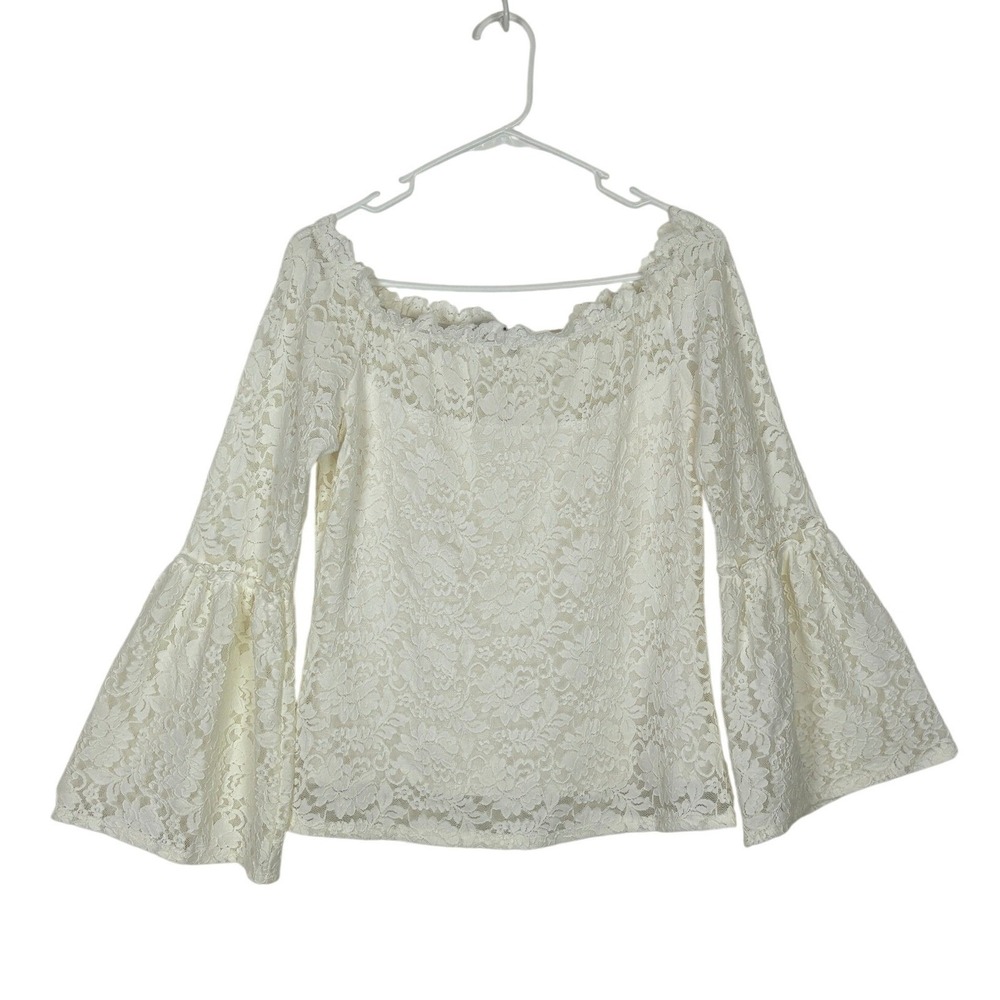 Lace Off the Shoulder Top Womens Medium Cream Boho Bell Sleeve Coquette Cottage